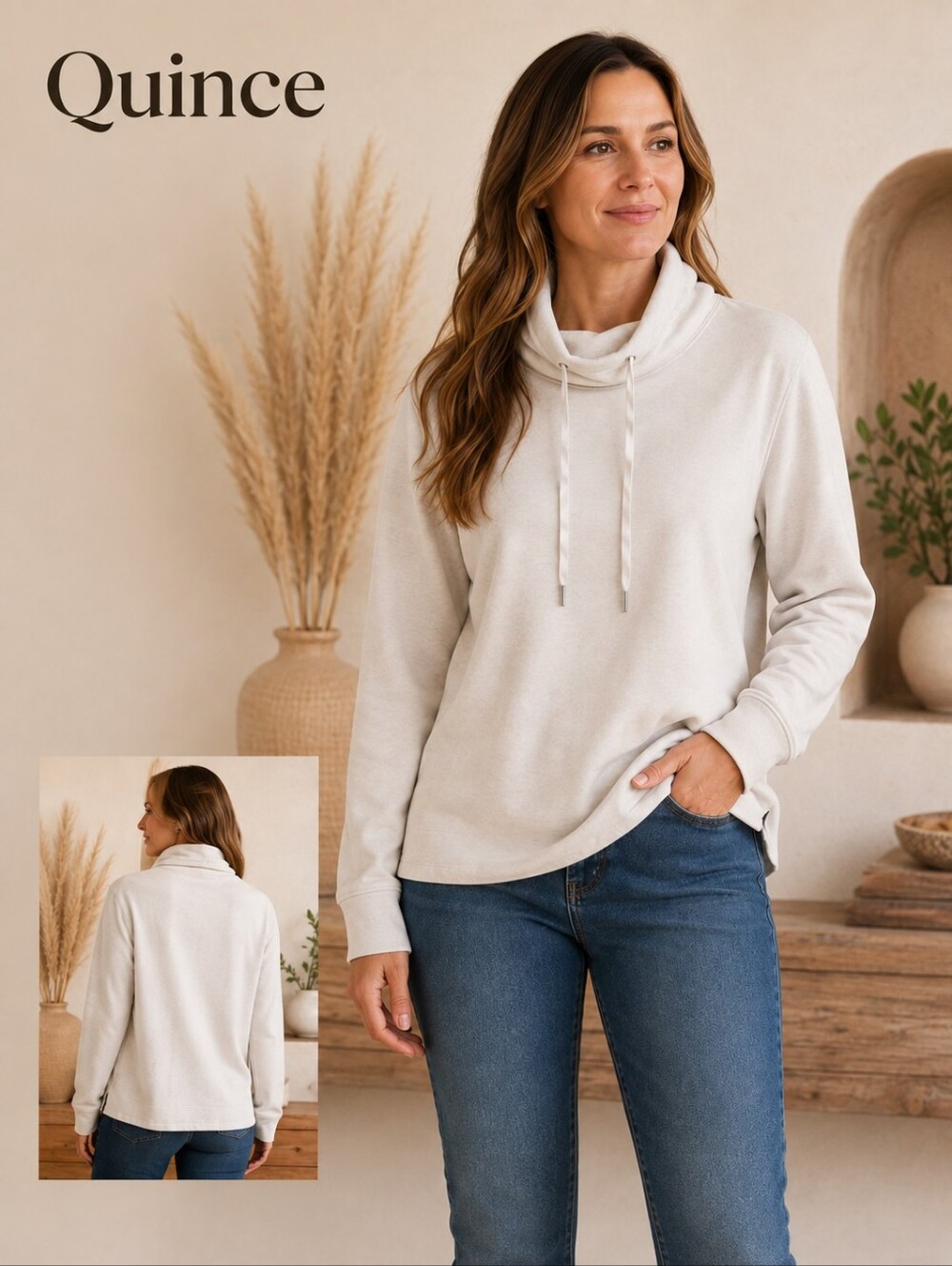 Quince White Cowl Neck Drawstring Sweatshirt Long‎ Sleeve Pullover Size Small